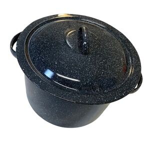 Vintage Black Speckled Enamelware Stock Pot Canner Dutch‎ Oven w Lid 10 Qt